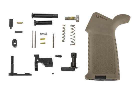 Aero Precision M5 MOE lower parts kit without trigger group or trigger guard featuers a Magpul MOE pistol grip in FDE.